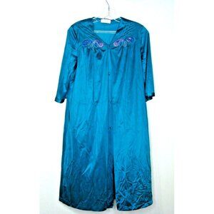 Vanity Fair Women Size M Teal Embroidered Button Front Nightgown Robe 3/4 Sleeve